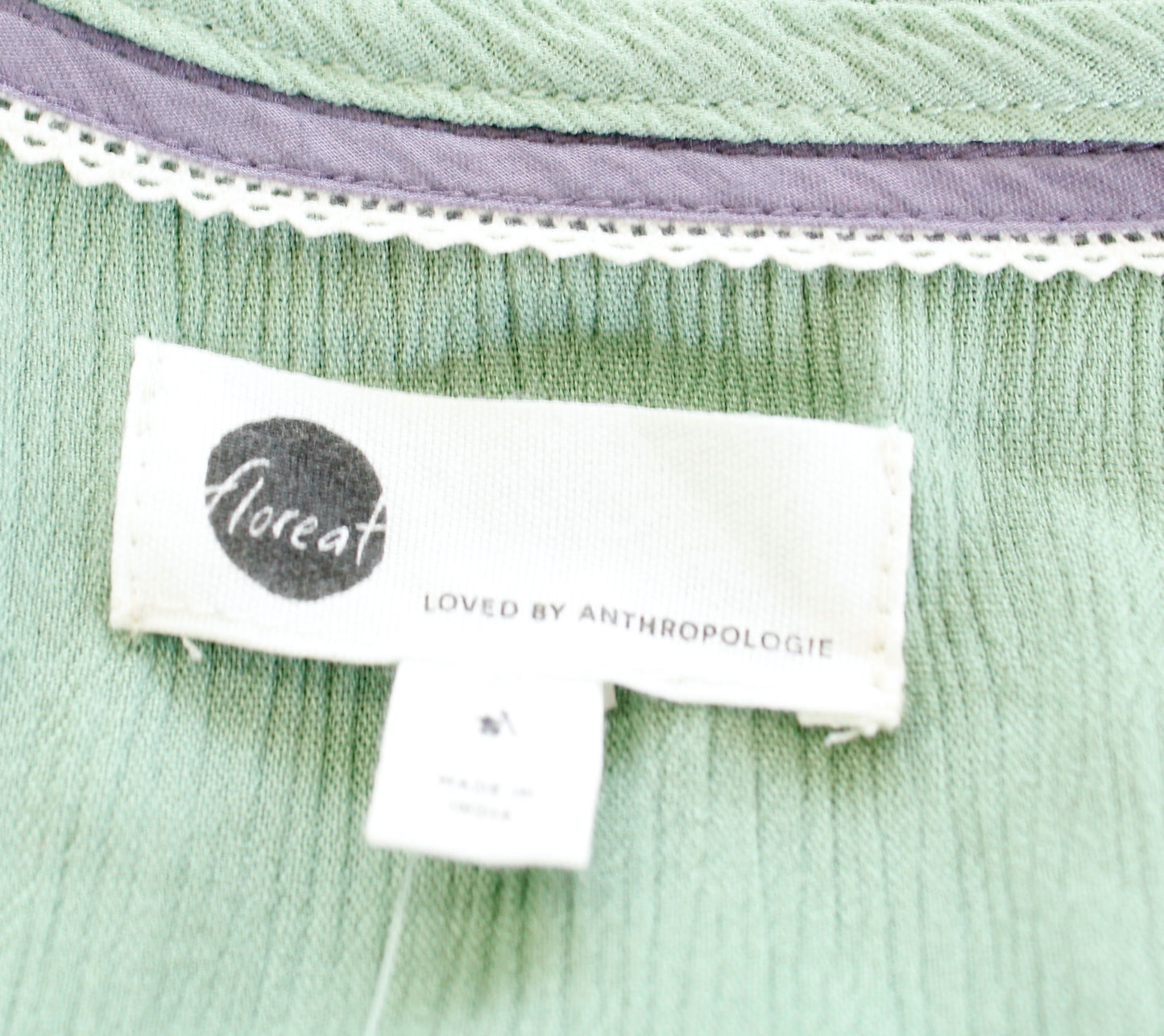 Floreat Anthropologie Persephone Green Crinkle Embroidered Top Blouse Size S