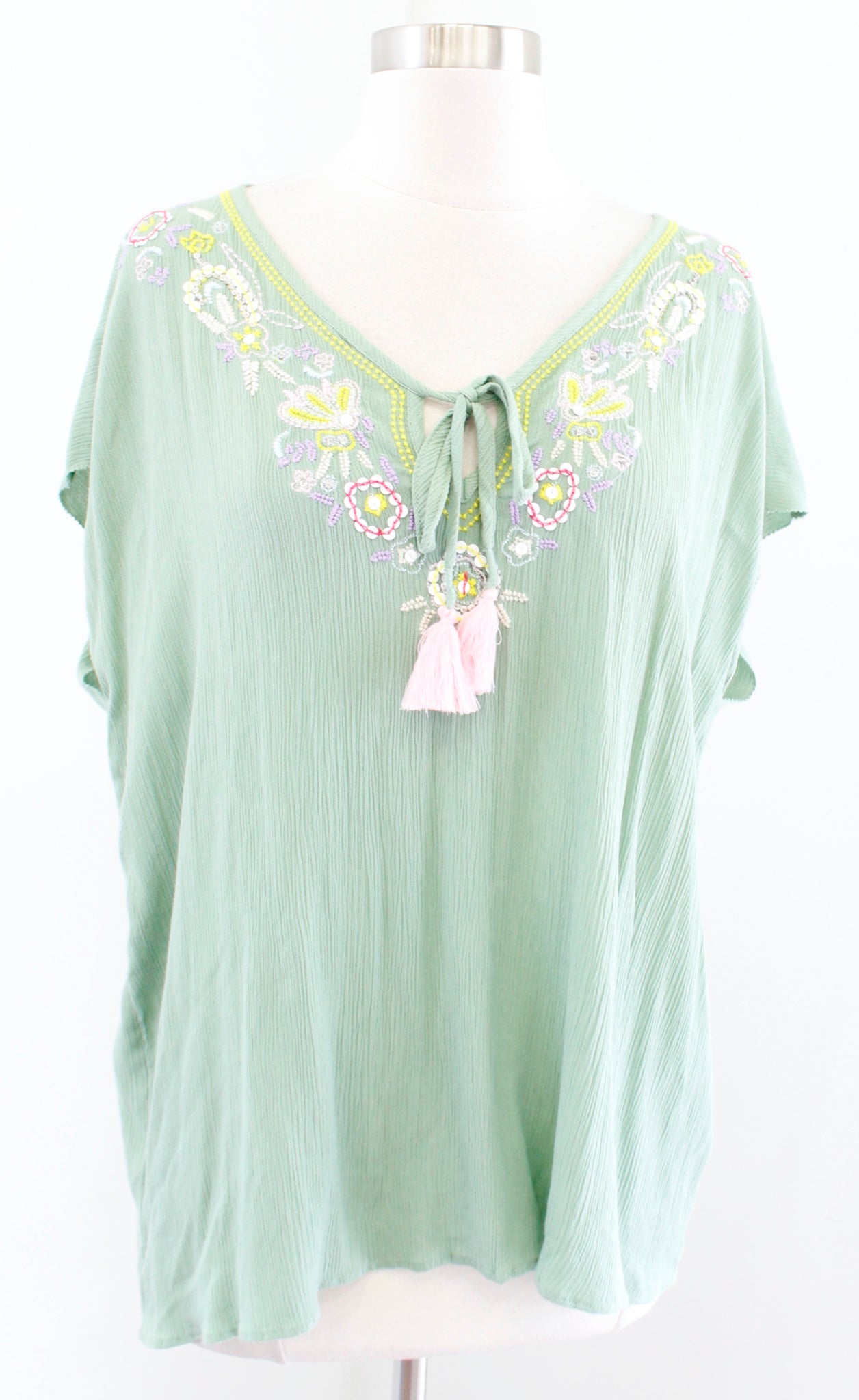 Floreat Anthropologie Persephone Green Crinkle Embroidered Top Blouse Size S