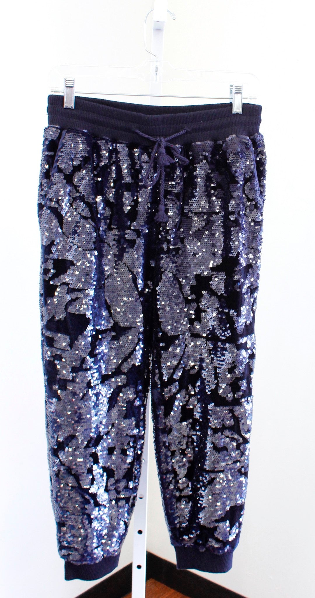 Ett Twa Anthropologie Navy Blue Velvet Sequin Jogger Pants Size PXS XSP