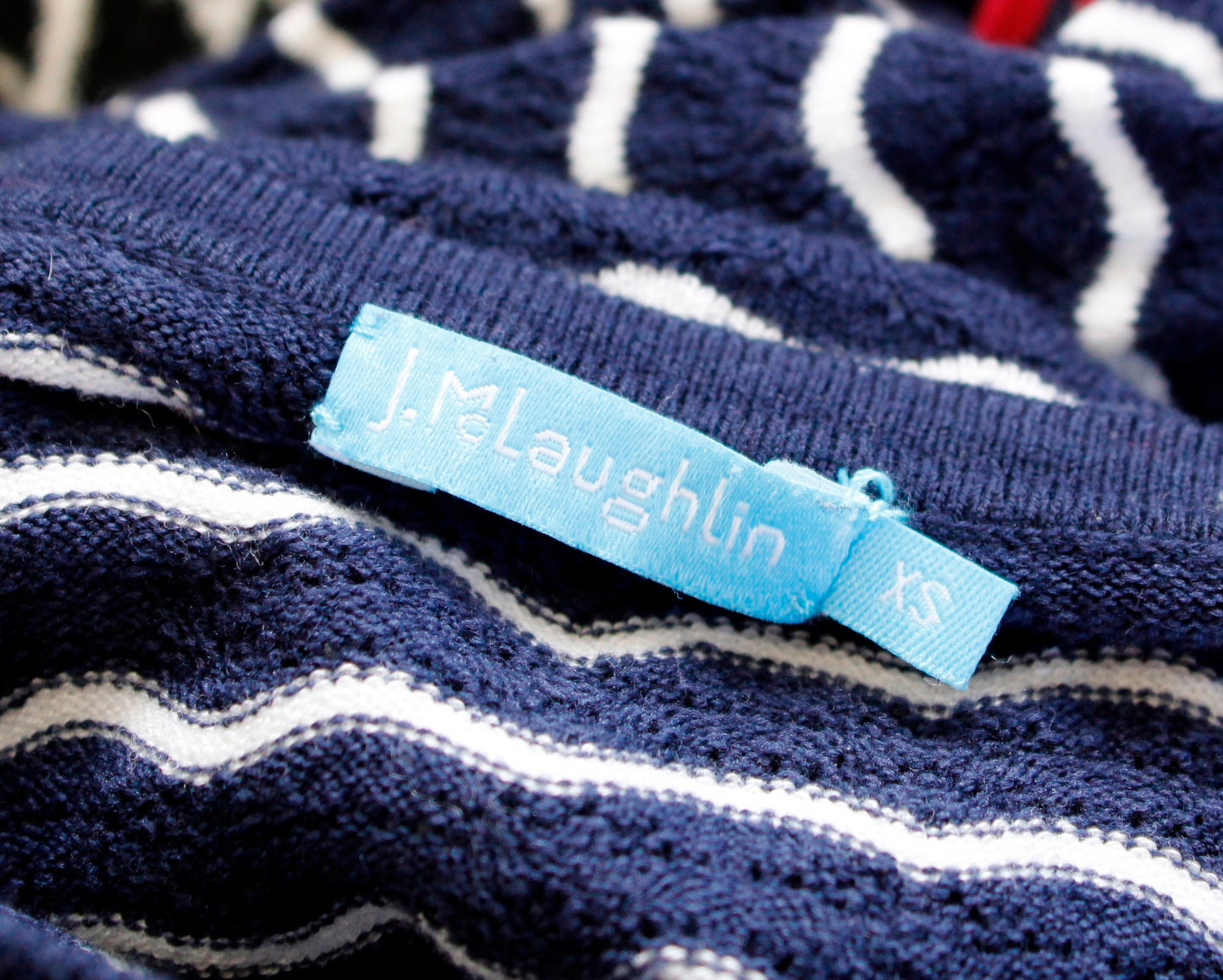 J McLaughlin Navy Blue White Squiggle Stripe Eyelet Knit Sweater Top Size XS