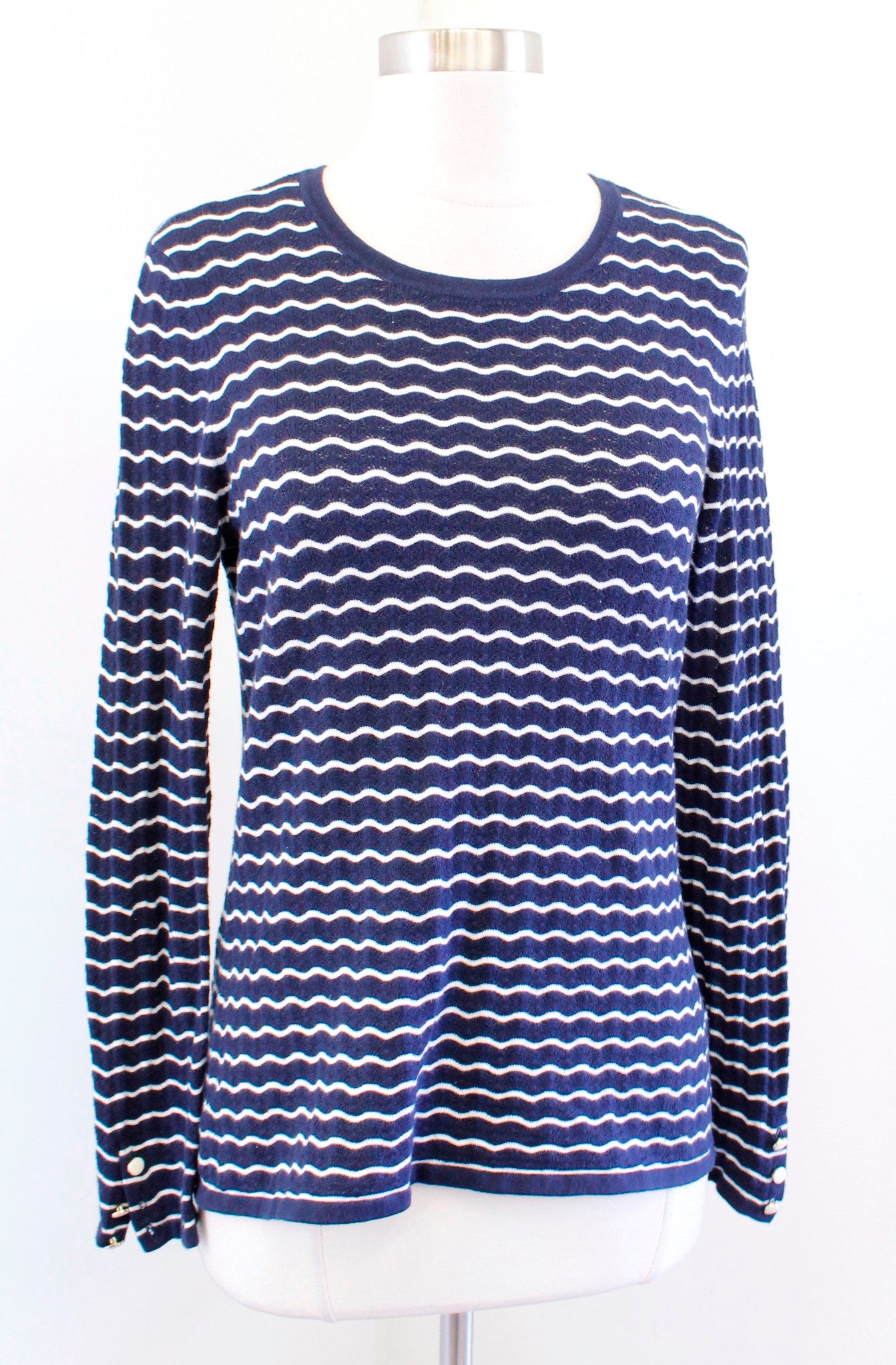 J McLaughlin Navy Blue White Squiggle Stripe Eyelet Knit Sweater Top Size XS