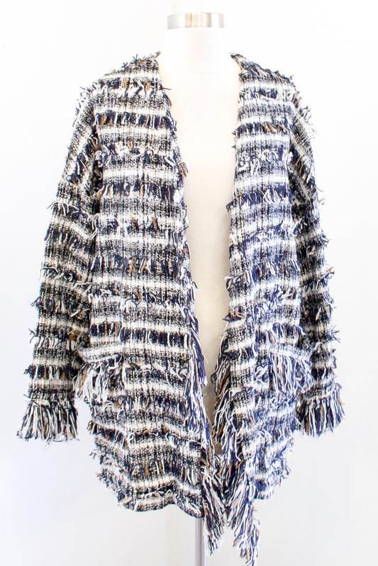 ZARA Tweed Frayed Fringe Multi Color Open Front Tapestry Jacket Size M Navy Ecru
