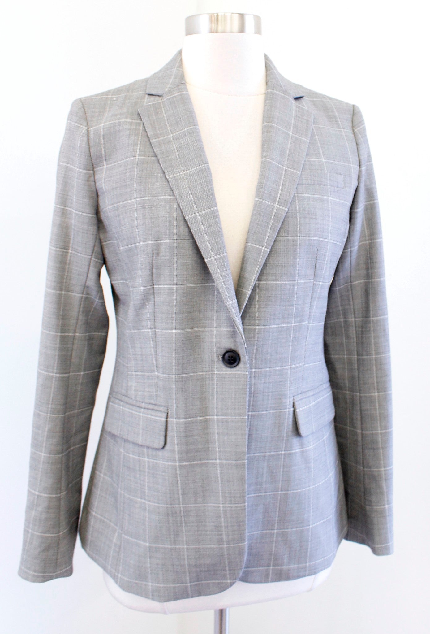 NWT $199 Banana Republic Long & Lean Gray Windowpane Plaid Blazer Jacket Wool 2