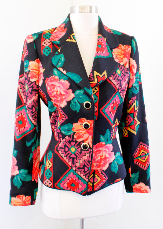 Vtg Ungaro Solo Donna Paris Black Floral Geometric Wool Blazer Jacket Sz 40 / 6