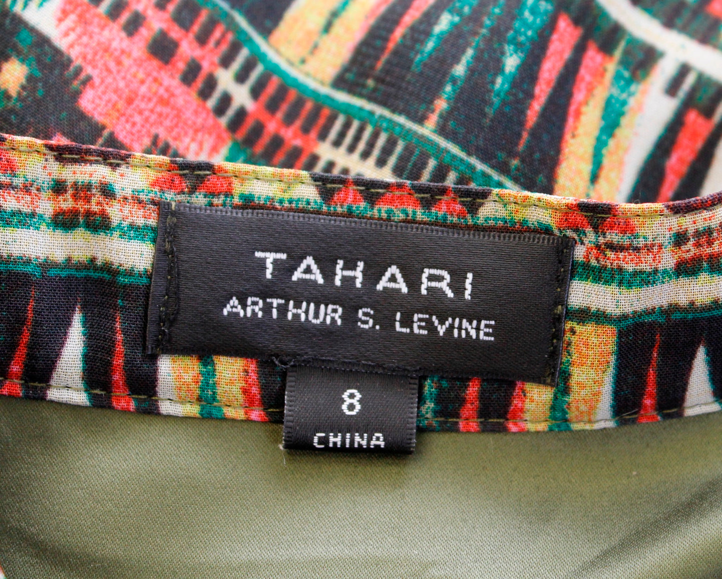 Tahari ASL Levine Green Colorful Geometric Ikat Drawstring Tie Shirt Dress Sz 8