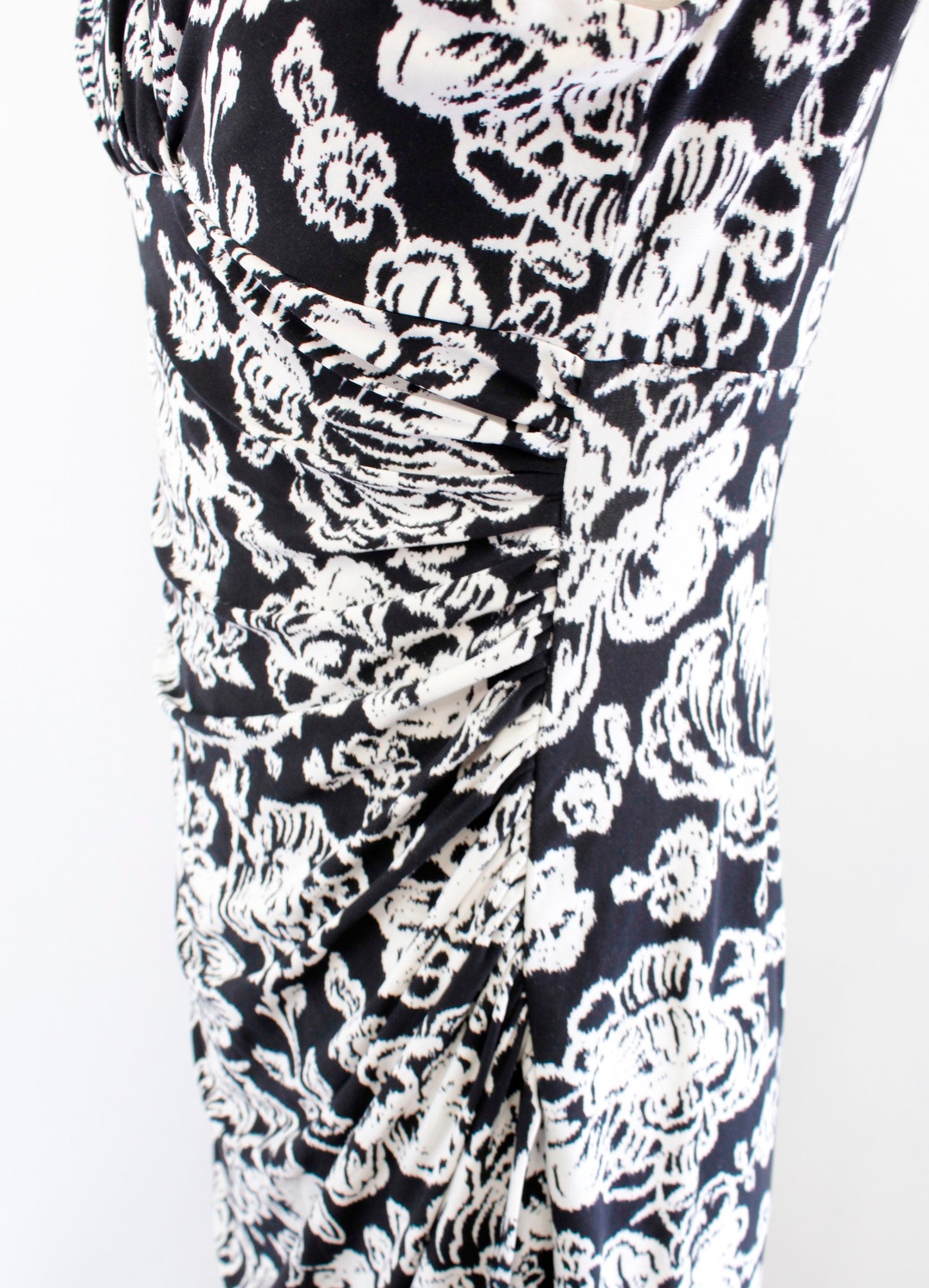 Lauren Ralph Lauren Black White Floral Print V Neck Ruched Wiggle Dress Size 6