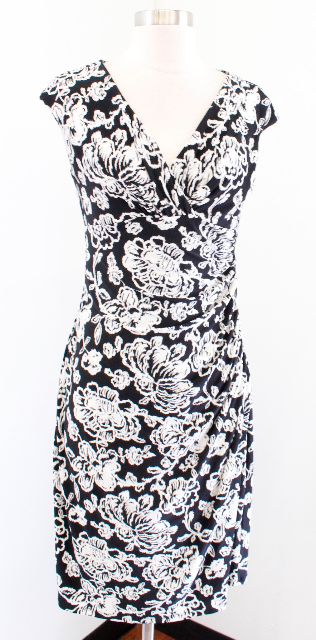 Lauren Ralph Lauren Black White Floral Print V Neck Ruched Wiggle Dress Size 6