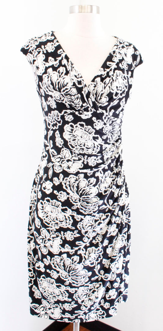 Lauren Ralph Lauren Black White Floral Print V Neck Ruched Wiggle Dress Size 6