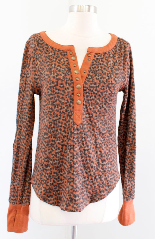 We the Free Free People Everest Leopard Print Henley Top Blouse Size S Knit Long Sleeve