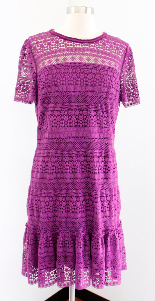 Elie Tahari Jacey Purple Lace Short Sleeve Flounce Hem Sheath Dress Size 8