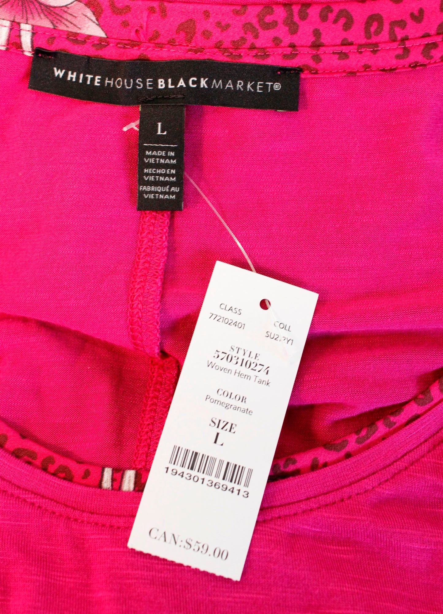 NWT White House Black Market Pink Printed Hem Woven Tank Top Blouse Size L