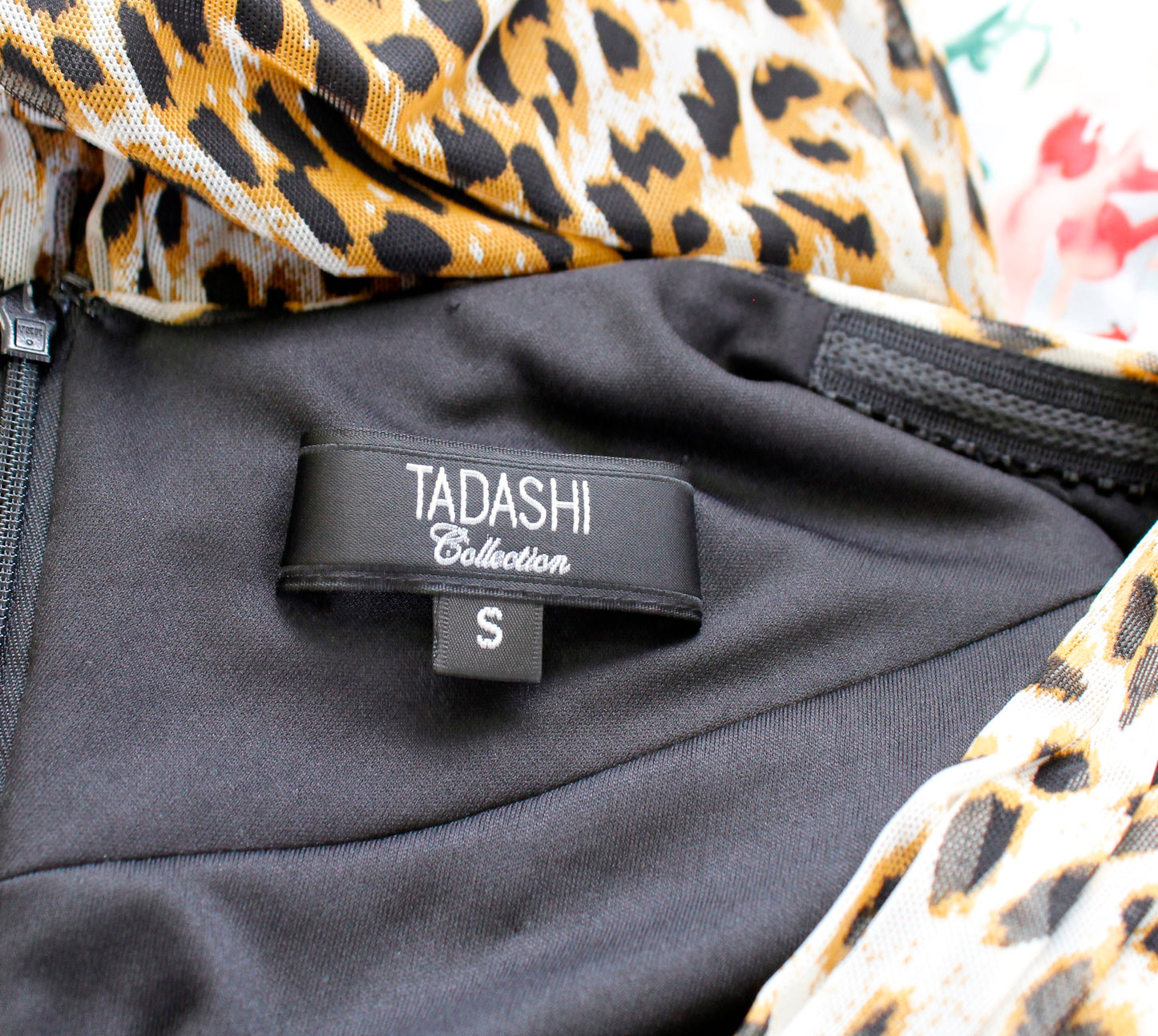 Tadashi Collection Mesh Leopard Print V Neck Ruched Cocktail Evening Dress Sz S