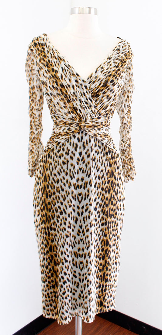 Tadashi Collection Mesh Leopard Print V Neck Ruched Cocktail Evening Dress Sz S