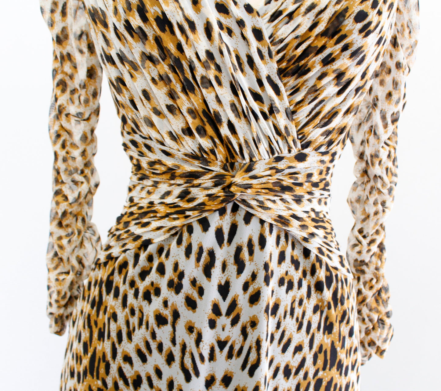 Tadashi Collection Mesh Leopard Print V Neck Ruched Cocktail Evening Dress Sz S