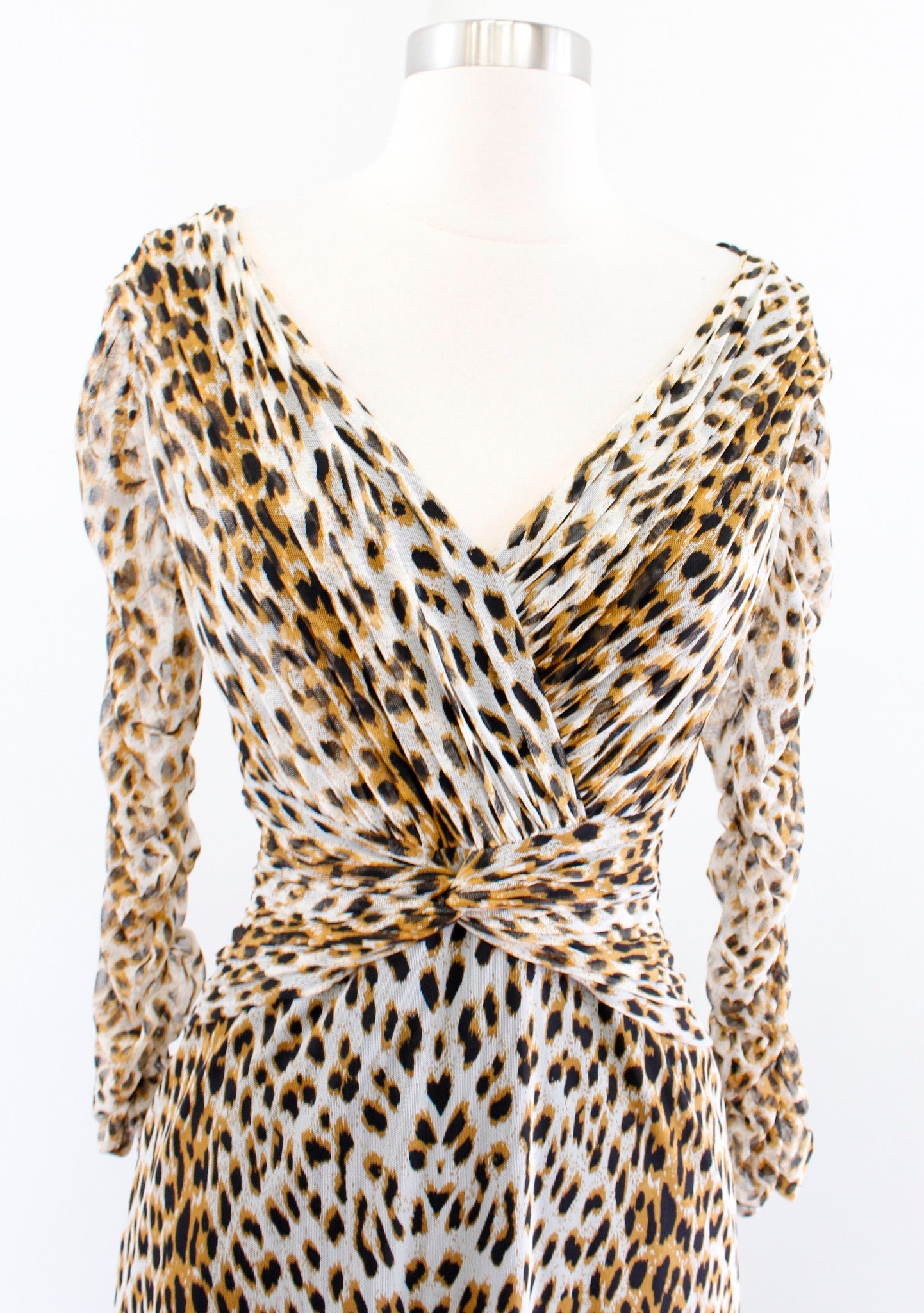 Tadashi Collection Mesh Leopard Print V Neck Ruched Cocktail Evening Dress Sz S