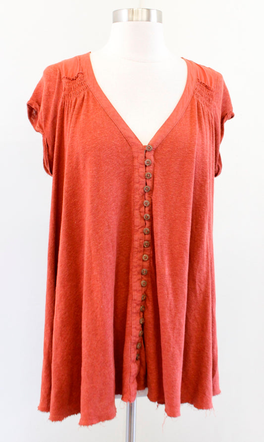 Free People Highland Burnt Orange Linen Blend V Neck Tunic Top Blouse Size S