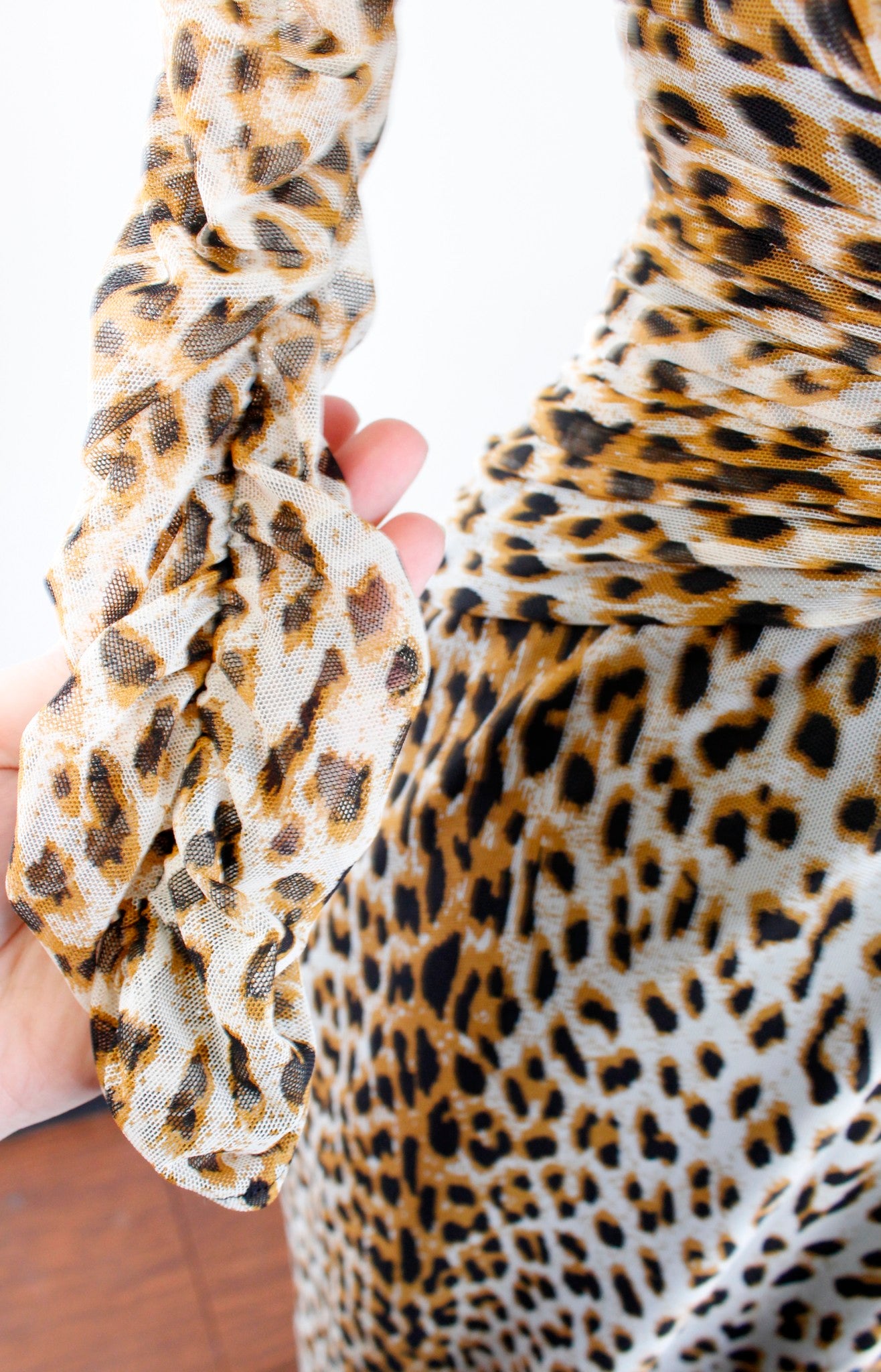 Tadashi Collection Mesh Leopard Print V Neck Ruched Cocktail Evening Dress Sz S