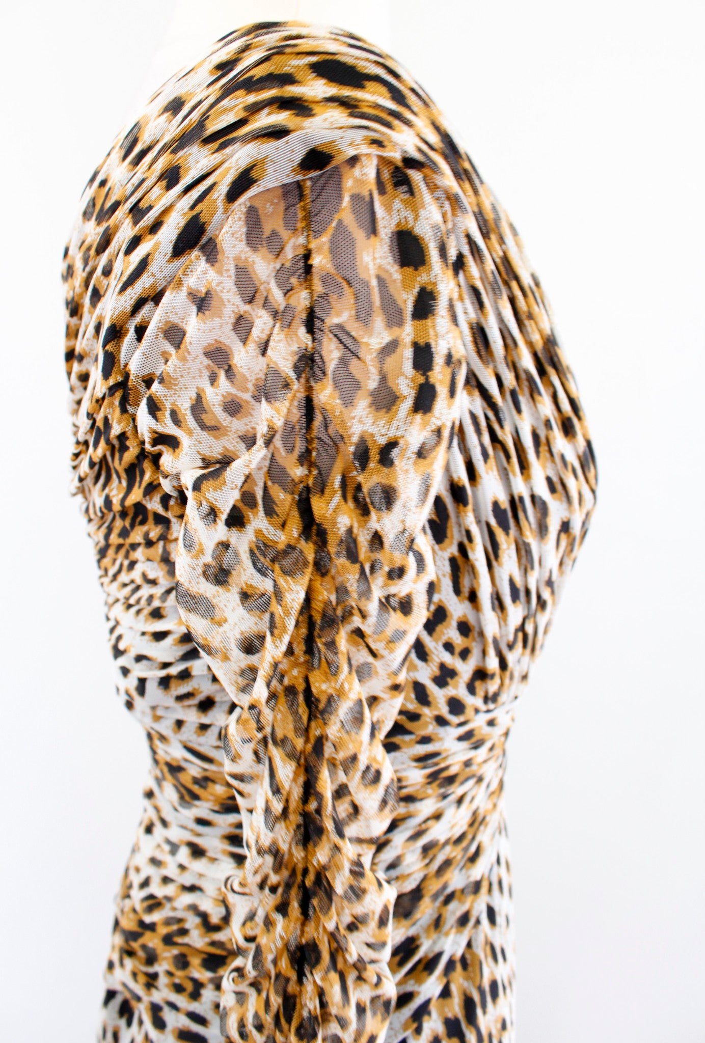 Tadashi Collection Mesh Leopard Print V Neck Ruched Cocktail Evening Dress Sz S