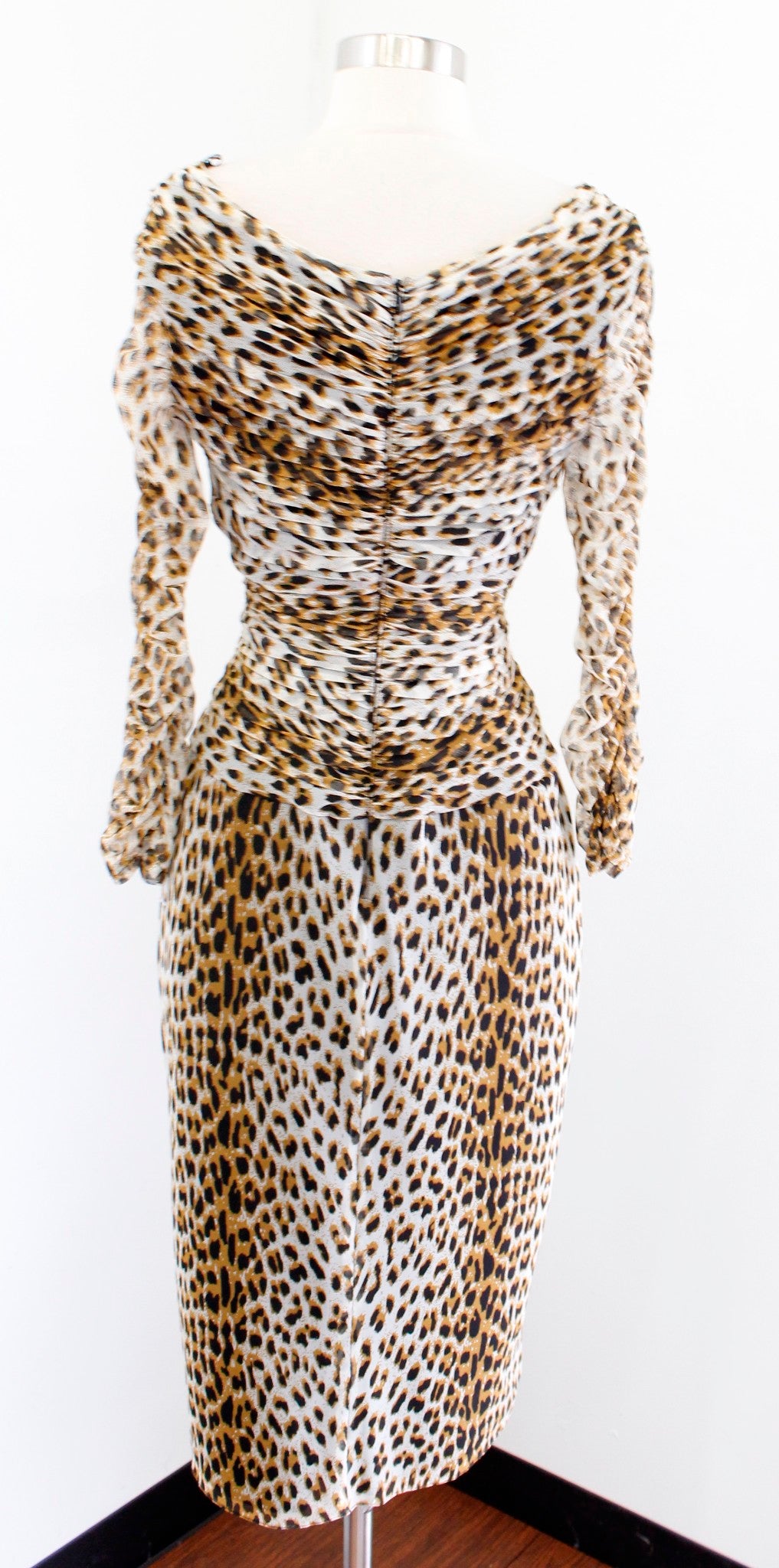 Tadashi Collection Mesh Leopard Print V Neck Ruched Cocktail Evening Dress Sz S