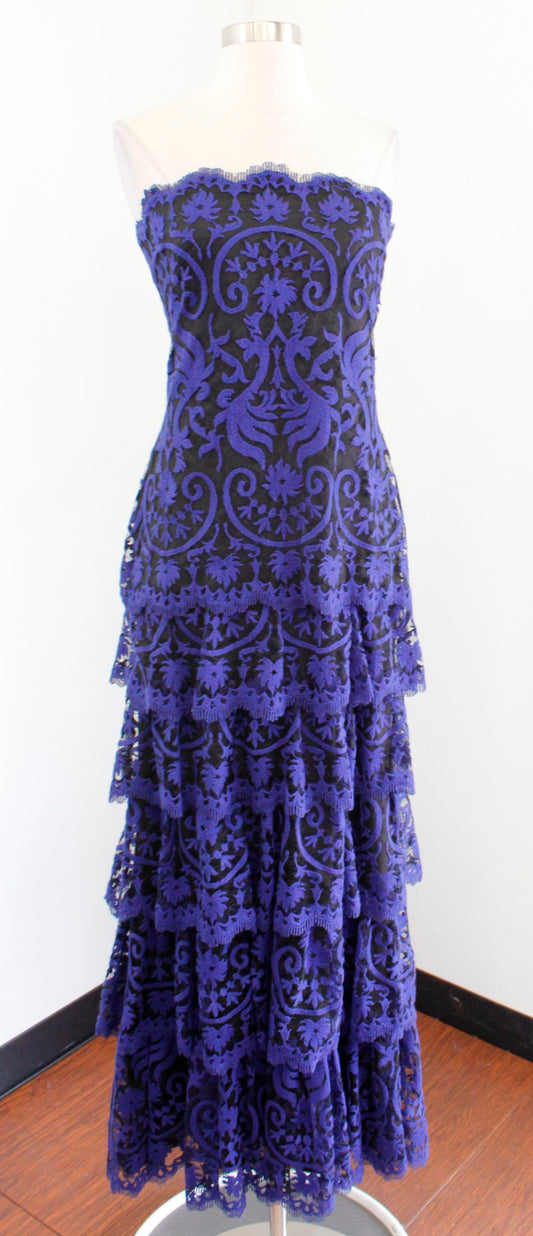 Tadashi Shoji Black Blue Embroidered Lace Ruffle Tiered Formal Gown Dress Size 2