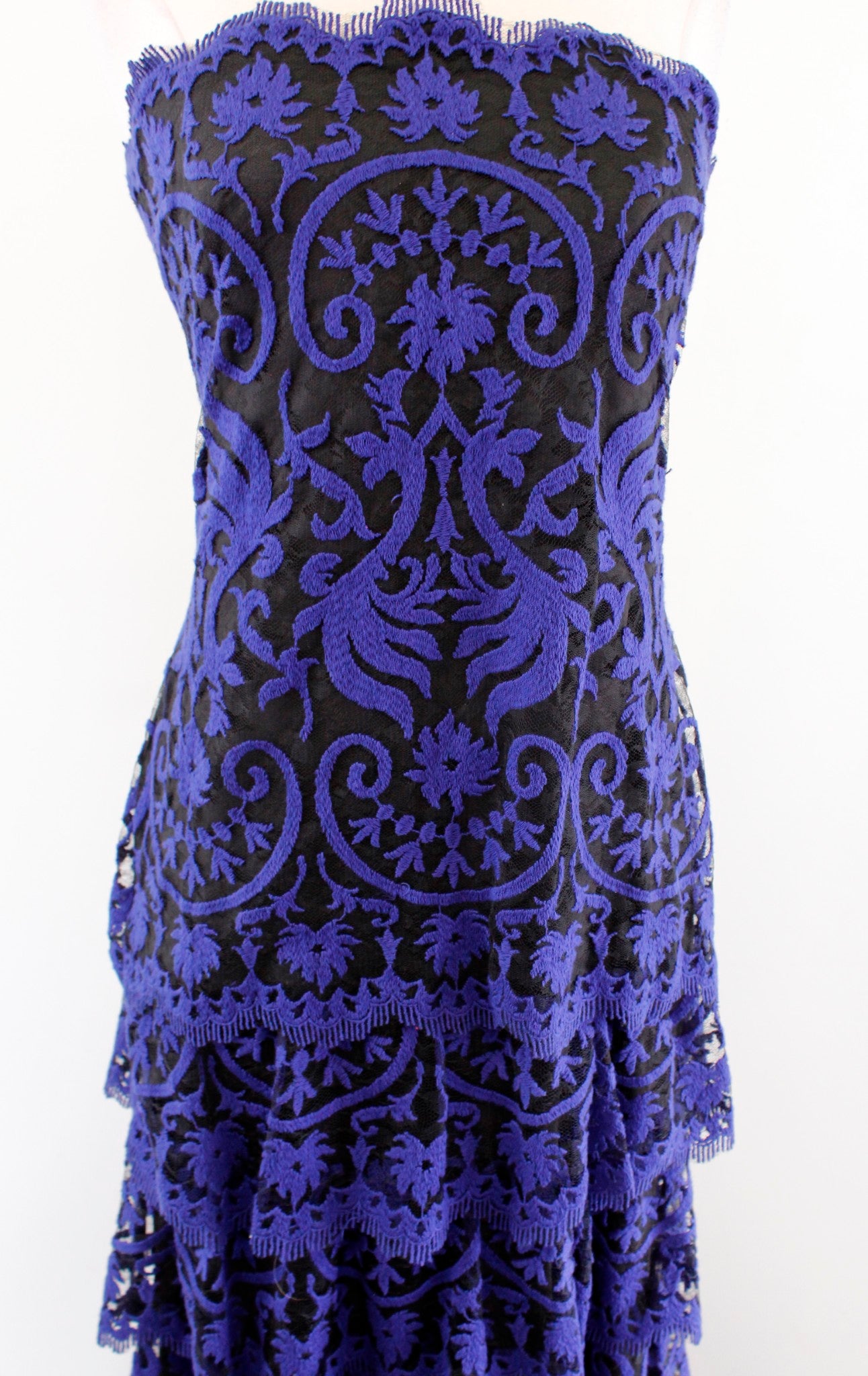 Tadashi Shoji Black Blue Embroidered Lace Ruffle Tiered Formal Gown Dress Size 2