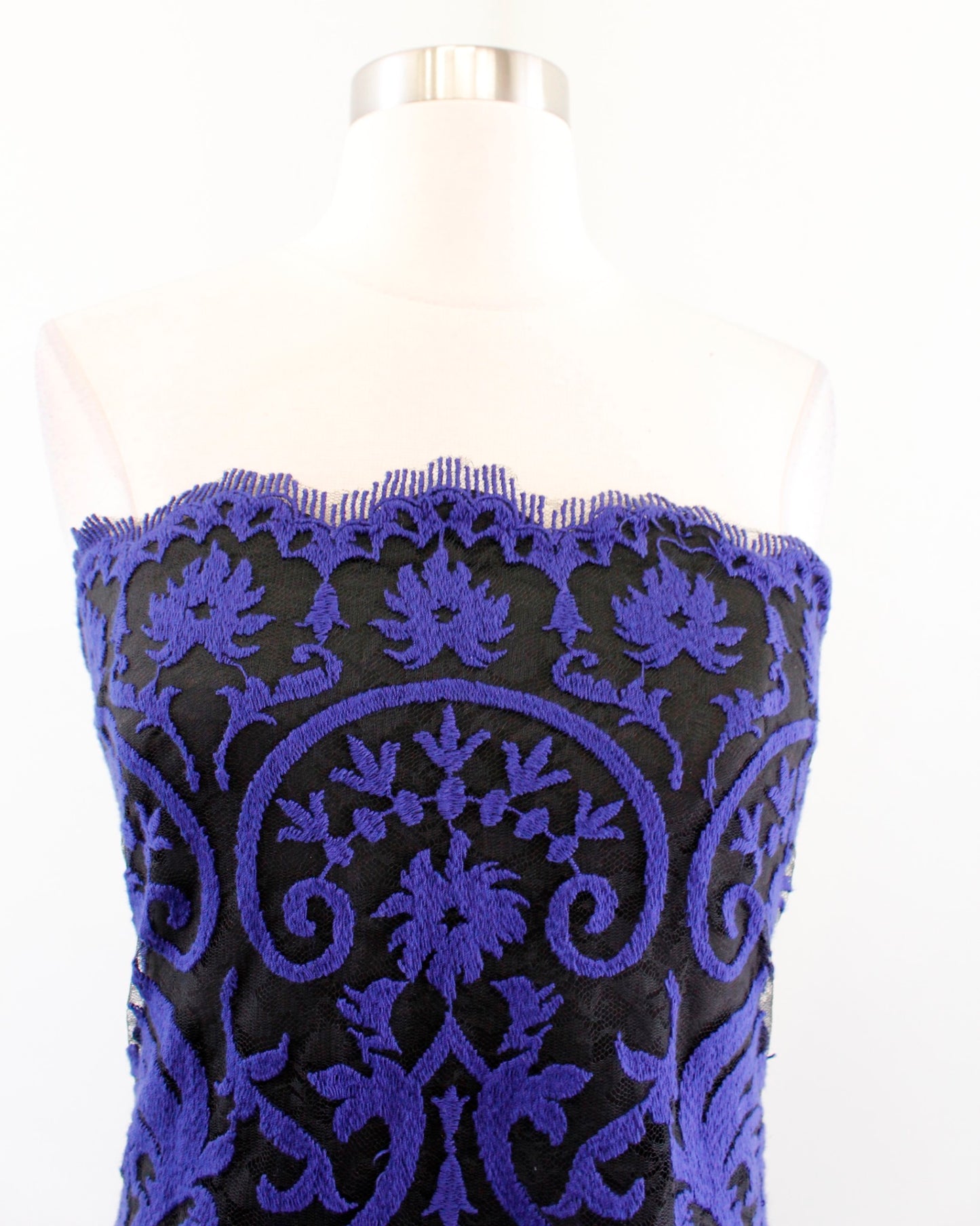 Tadashi Shoji Black Blue Embroidered Lace Ruffle Tiered Formal Gown Dress Size 2