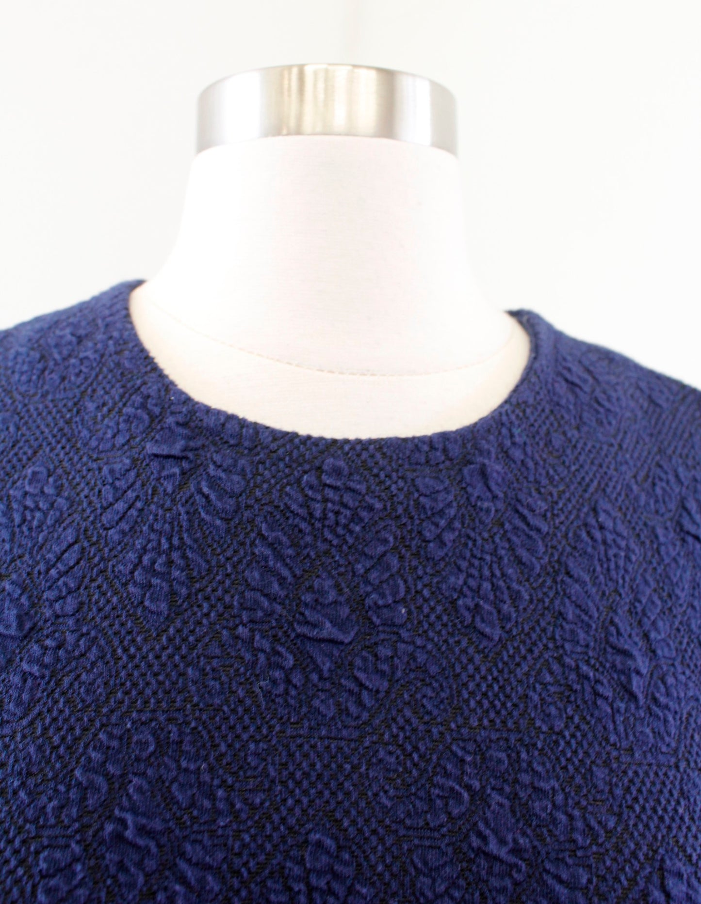 J McLaughlin Navy Blue Black Jacquard Short Sleeve A Line Dress Texture Knit M