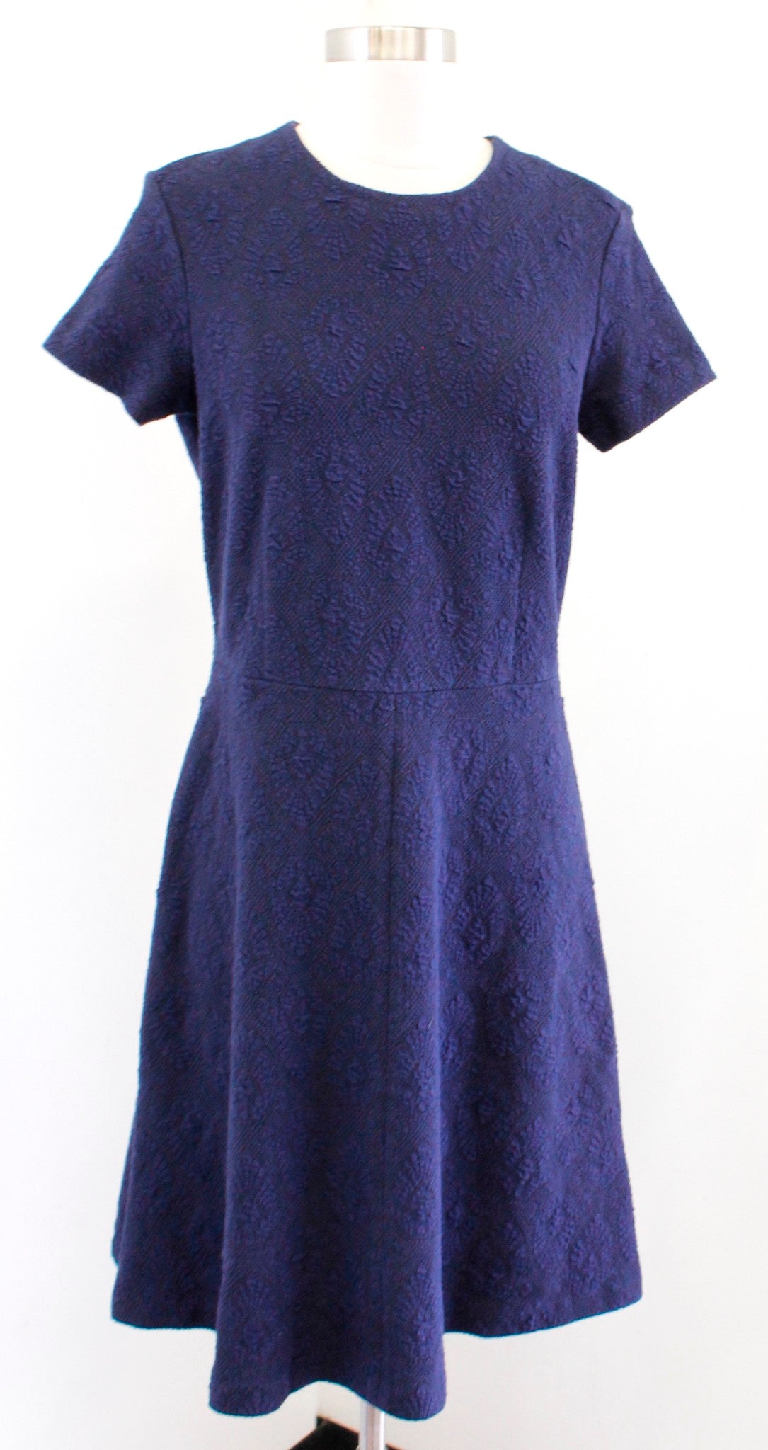 J McLaughlin Navy Blue Black Jacquard Short Sleeve A Line Dress Texture Knit M