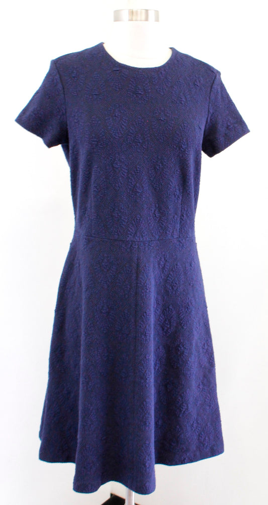 J McLaughlin Navy Blue Black Jacquard Short Sleeve A Line Dress Texture Knit M