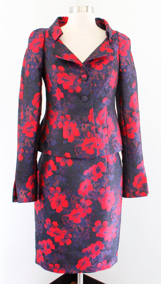 Doncaster Black Blue Red Floral Print Blazer & Skirt Suit Set Size 2 Career