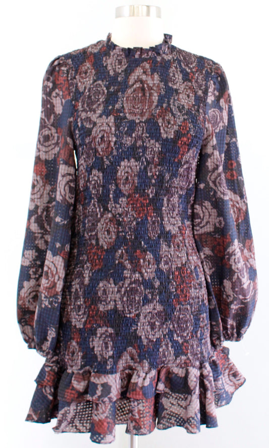 NWT Zara Floral Print Smocked Ruffle Hem Mini Dress Size M Navy Blue Brown