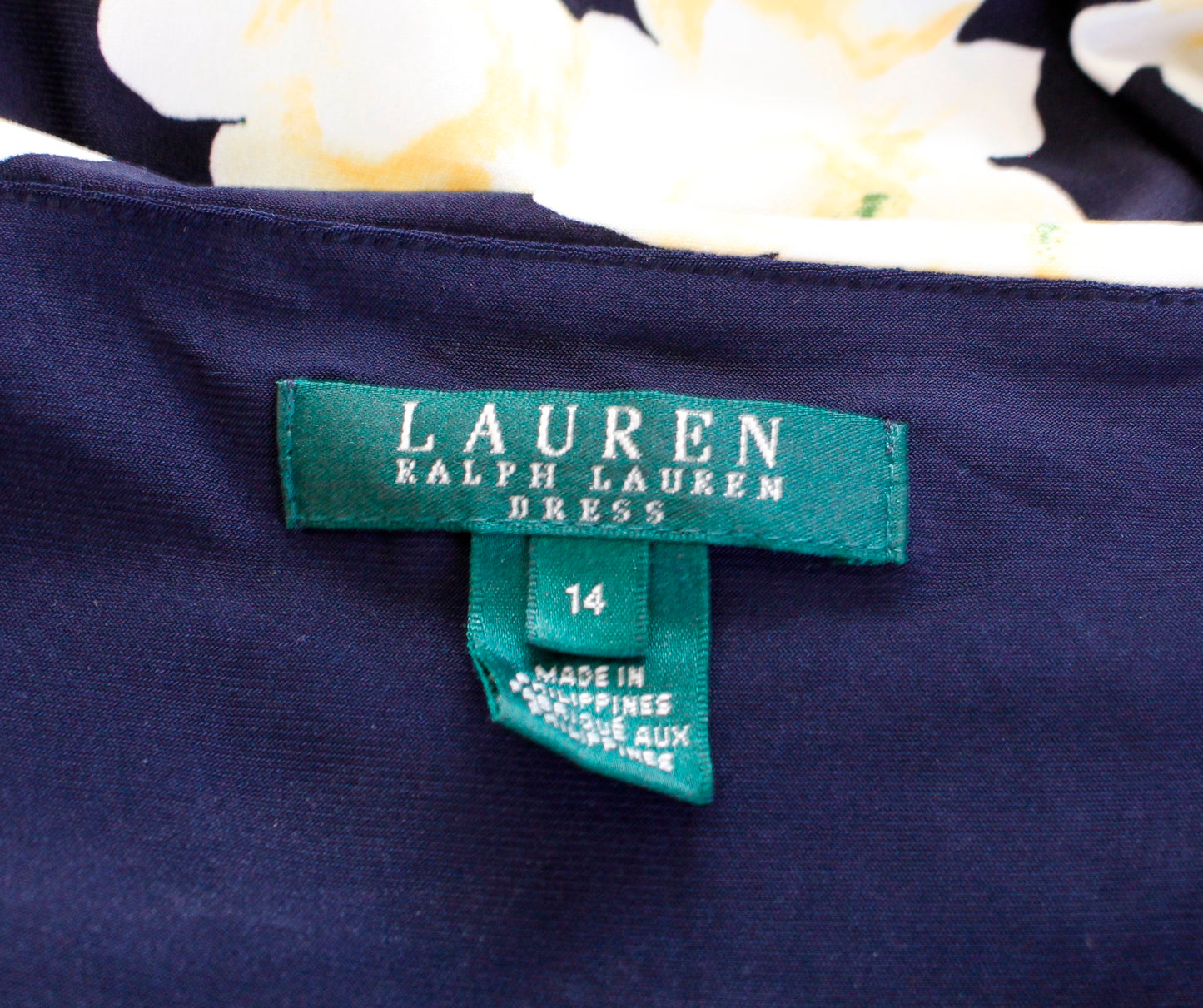 Lauren Ralph Lauren Navy Blue Yellow Floral Ruched Jersey Wiggle Dress Size 14