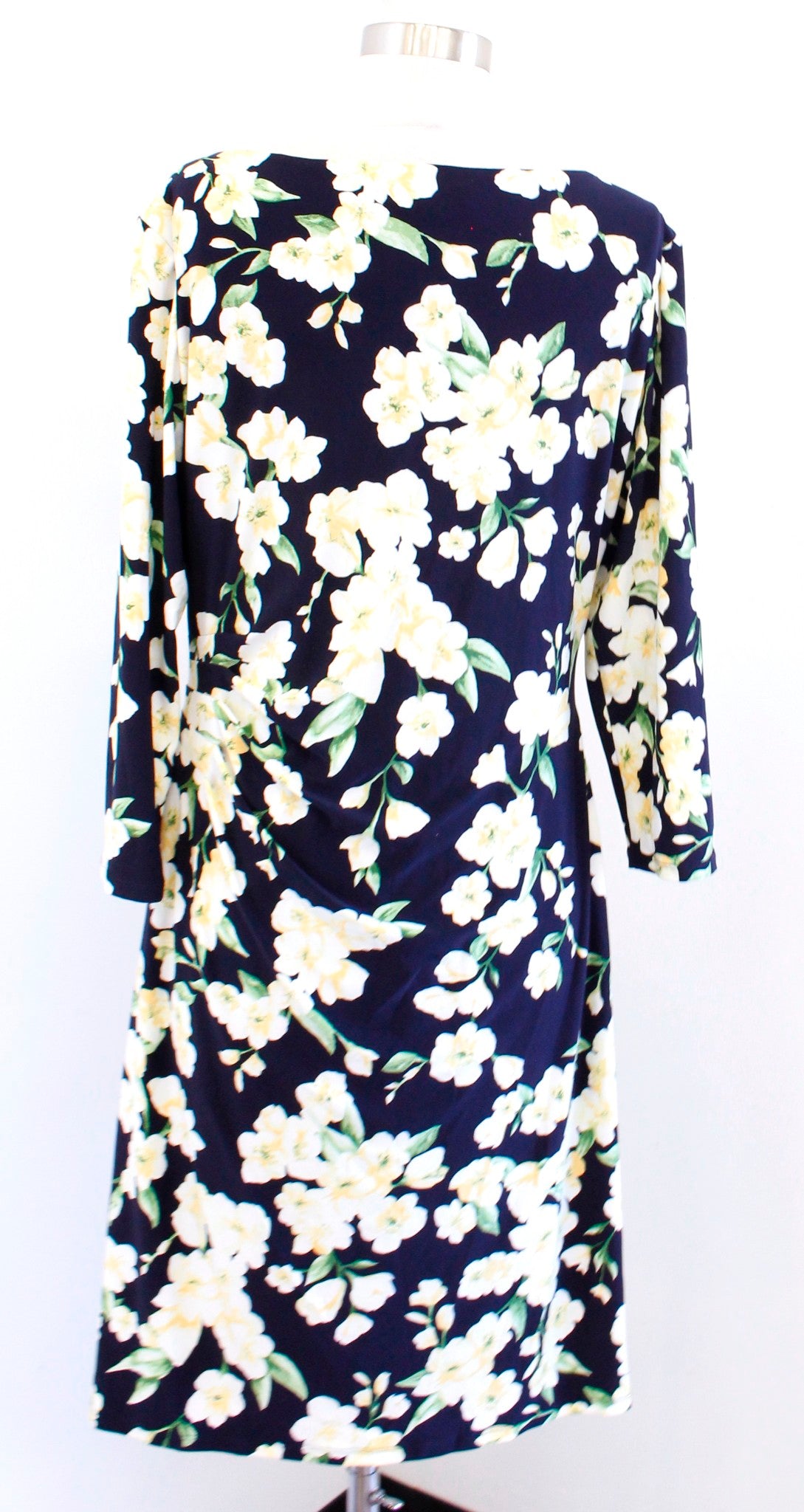 Lauren Ralph Lauren Navy Blue Yellow Floral Ruched Jersey Wiggle Dress Size 14