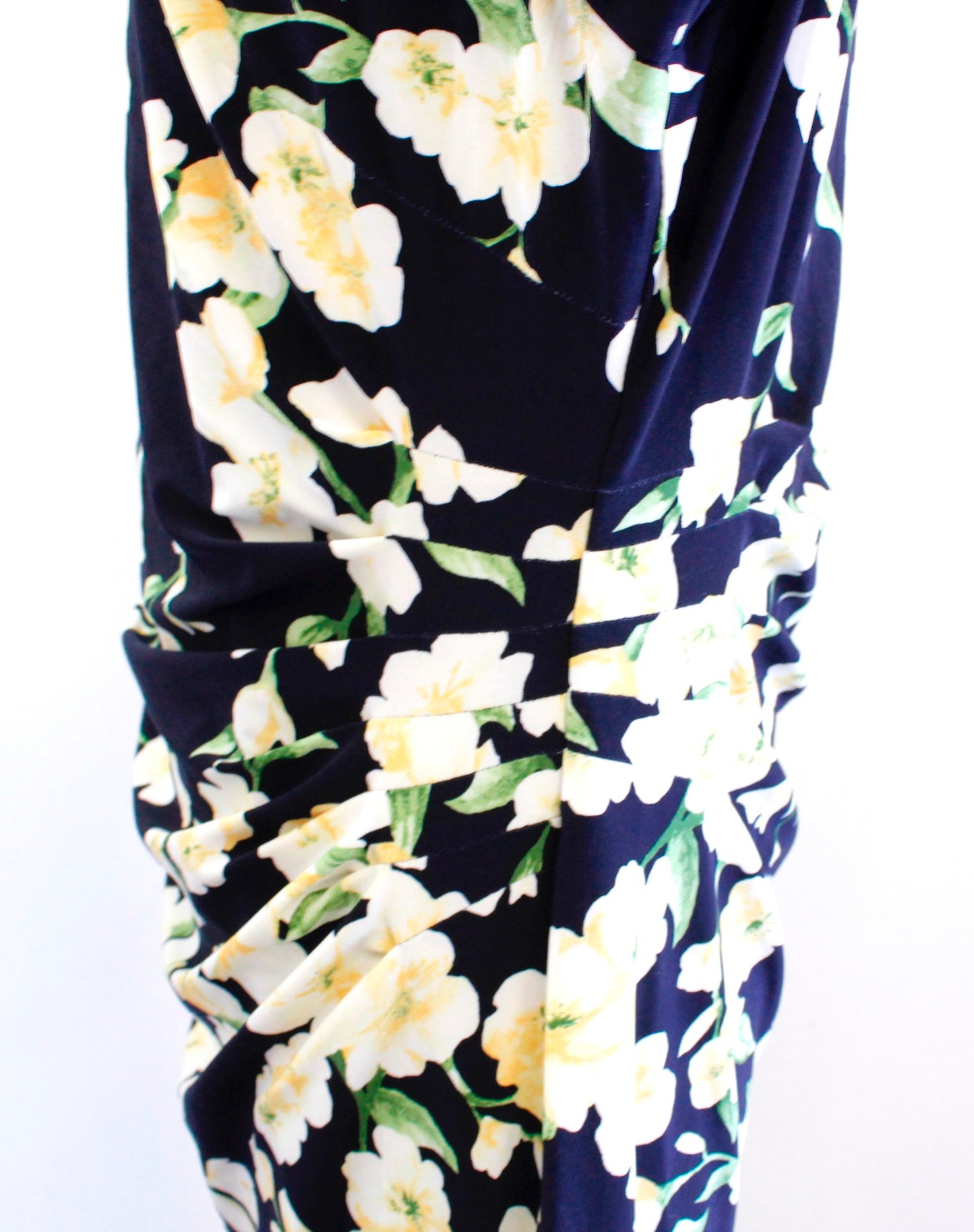 Lauren Ralph Lauren Navy Blue Yellow Floral Ruched Jersey Wiggle Dress Size 14