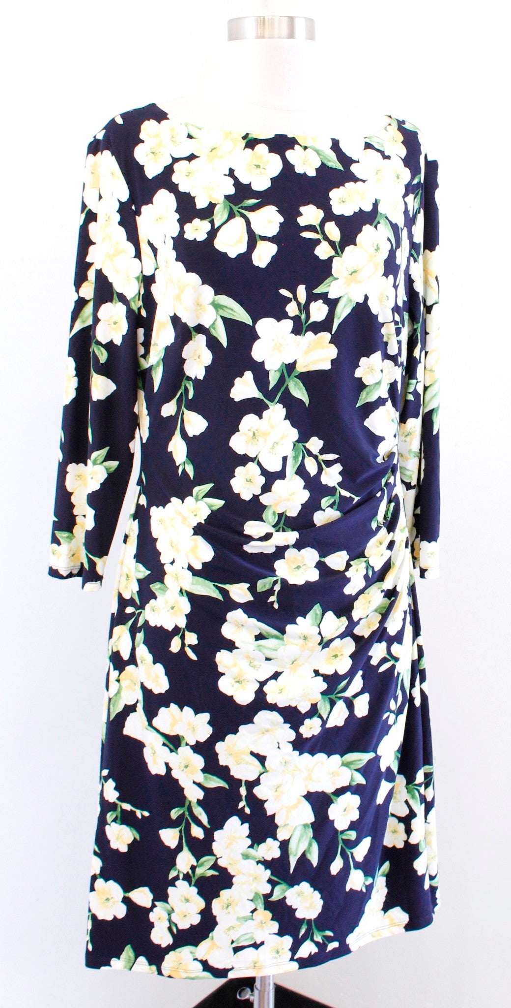 Lauren Ralph Lauren Navy Blue Yellow Floral Ruched Jersey Wiggle Dress Size 14
