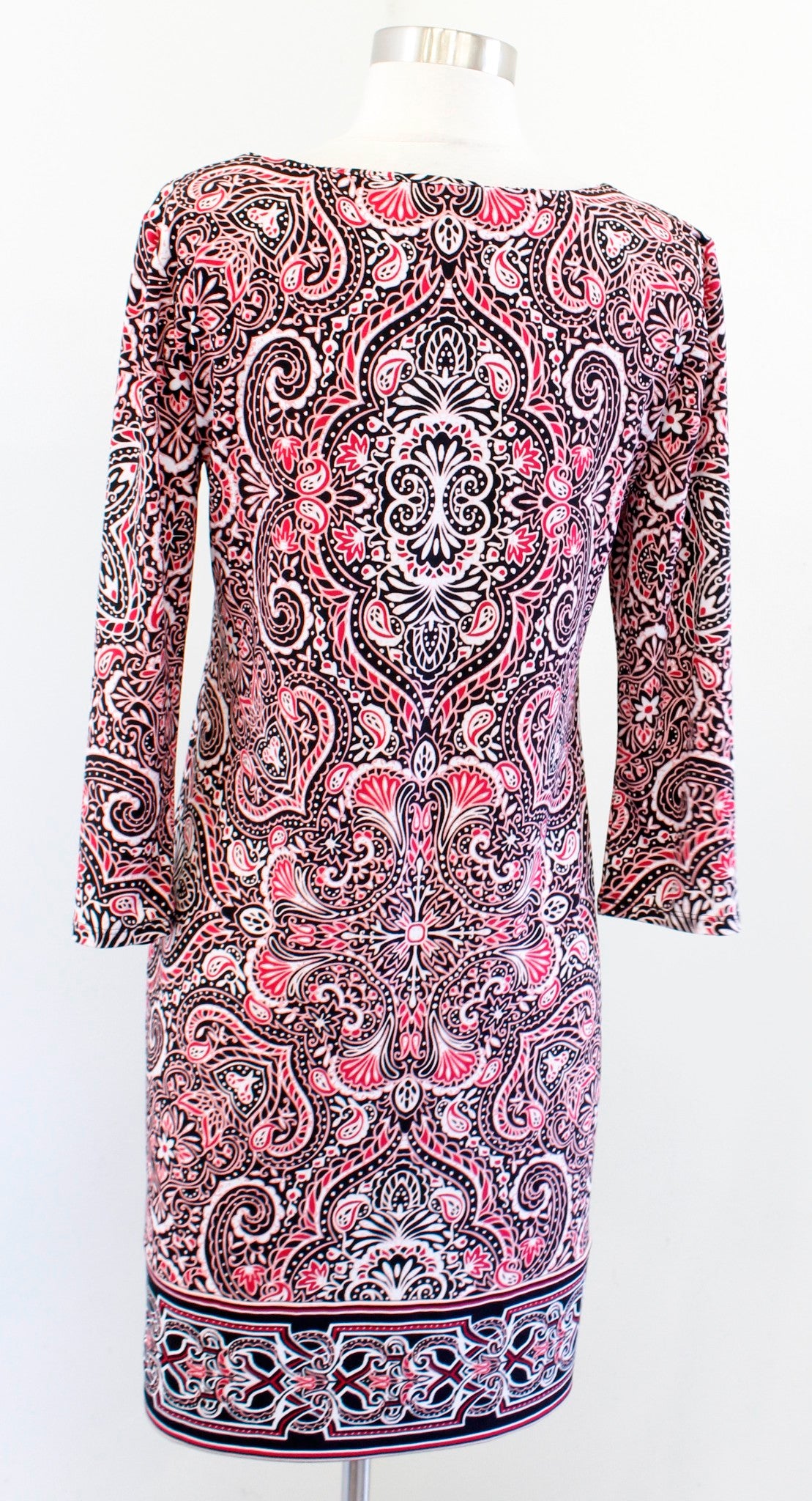 White House Black Market Red Paisley Print Embroidered Trim Knit Shift Dress S