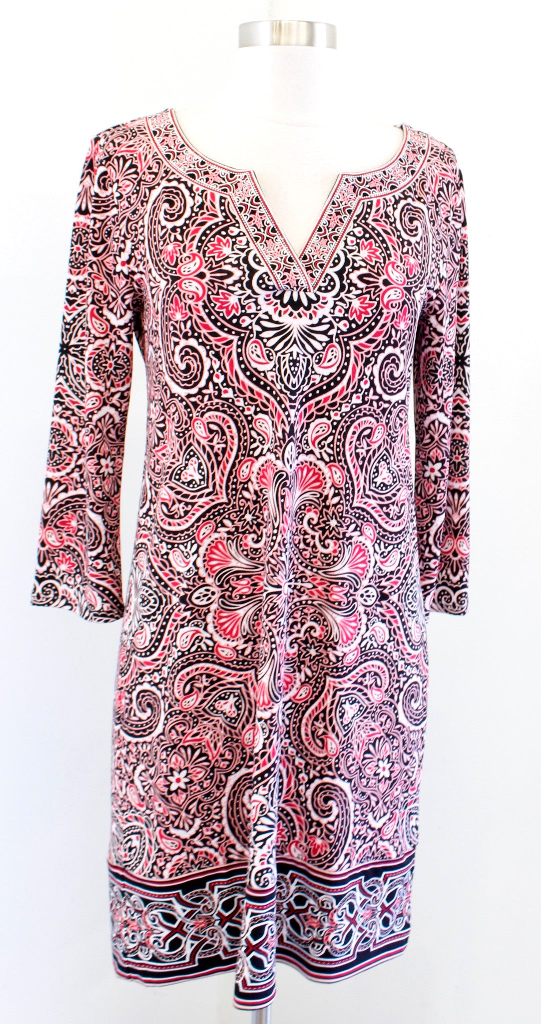 White House Black Market Red Paisley Print Embroidered Trim Knit Shift Dress S