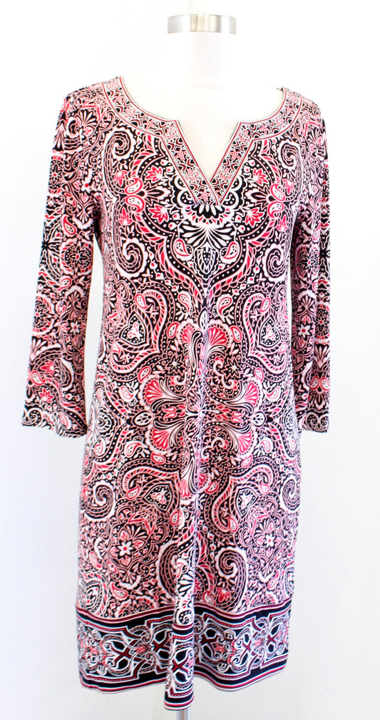 White House Black Market Red Paisley Print Embroidered Trim Knit Shift Dress S