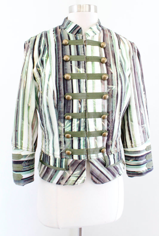 Alberto Makali Green Multi Color Bamboo Print Military Style Jacket Size 8