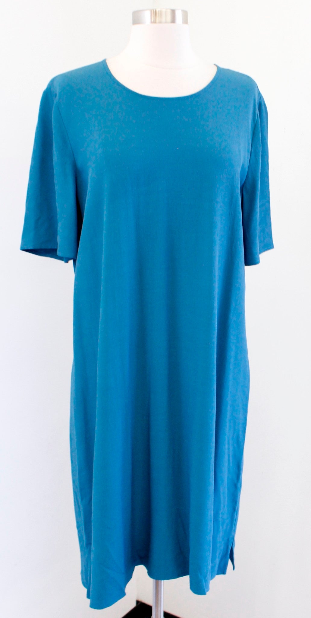 Eileen Fisher Teal Blue Short Sleeve Tencel Viscose Shift Dress Size S Solid