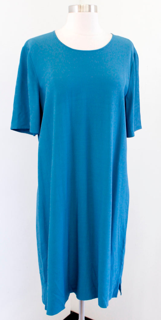 Eileen Fisher Teal Blue Short Sleeve Tencel Viscose Shift Dress Size S Solid
