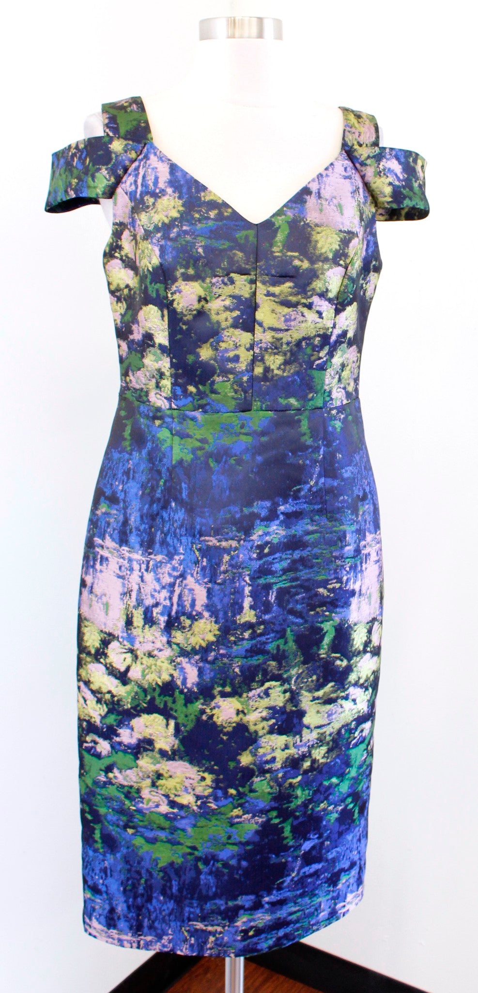 Maggy London Blue Brocade Cold Shoulder Sheath Dress Watercolor Art to Wear Sz 6