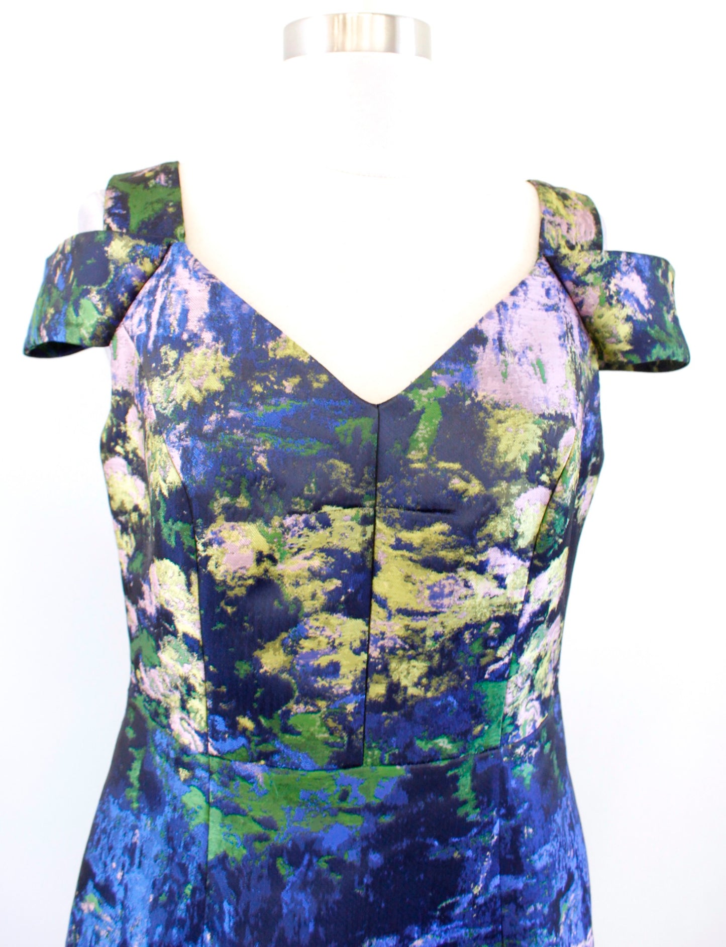 Maggy London Blue Brocade Cold Shoulder Sheath Dress Watercolor Art to Wear Sz 6