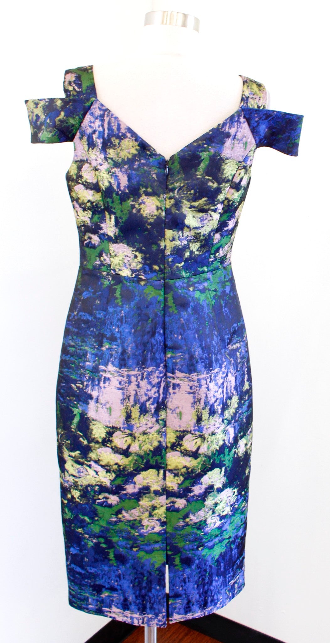Maggy London Blue Brocade Cold Shoulder Sheath Dress Watercolor Art to Wear Sz 6
