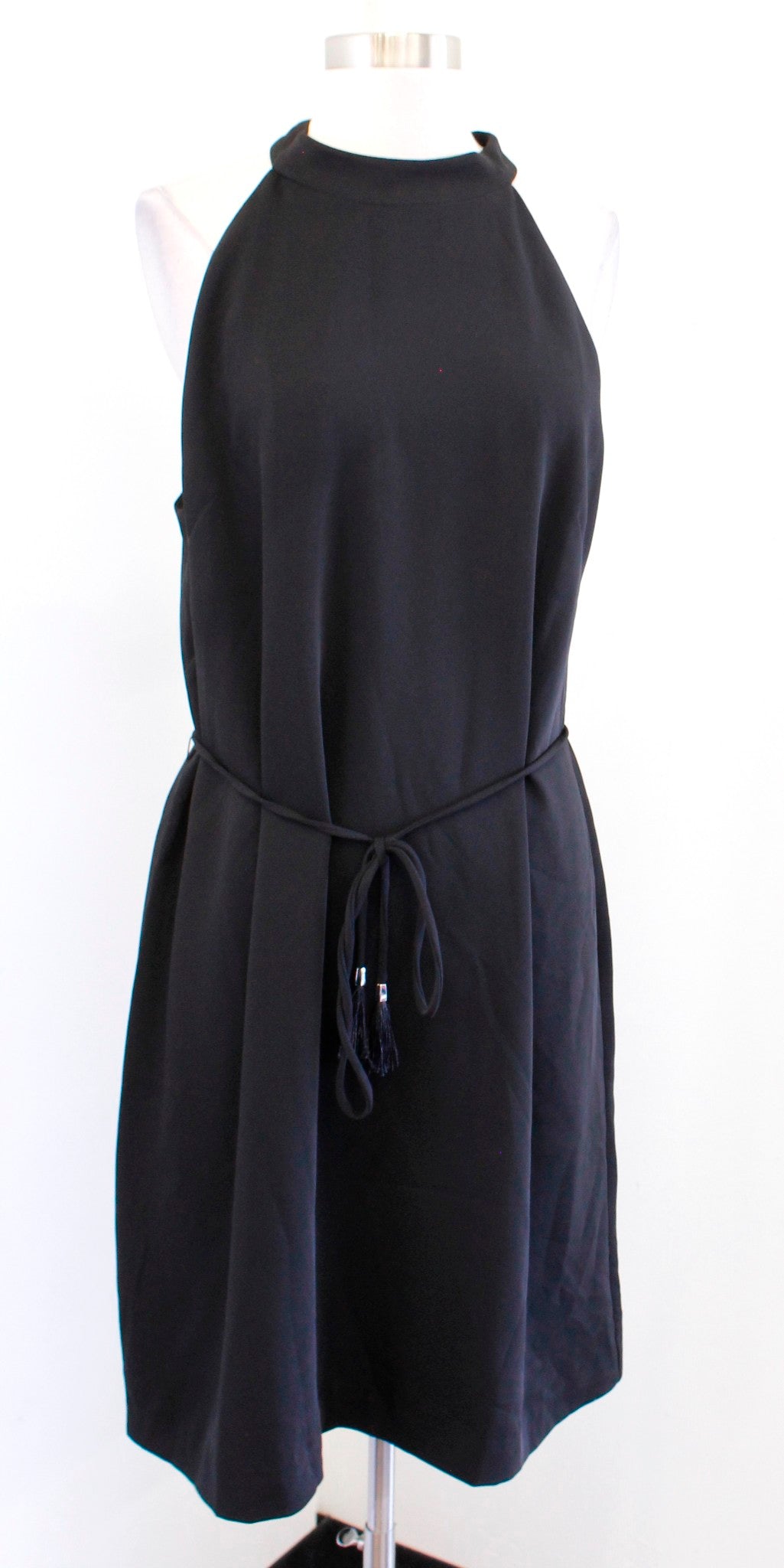 White House Black Market Solid Black Halter Mock Neck Shift Dress Tie Waist 14