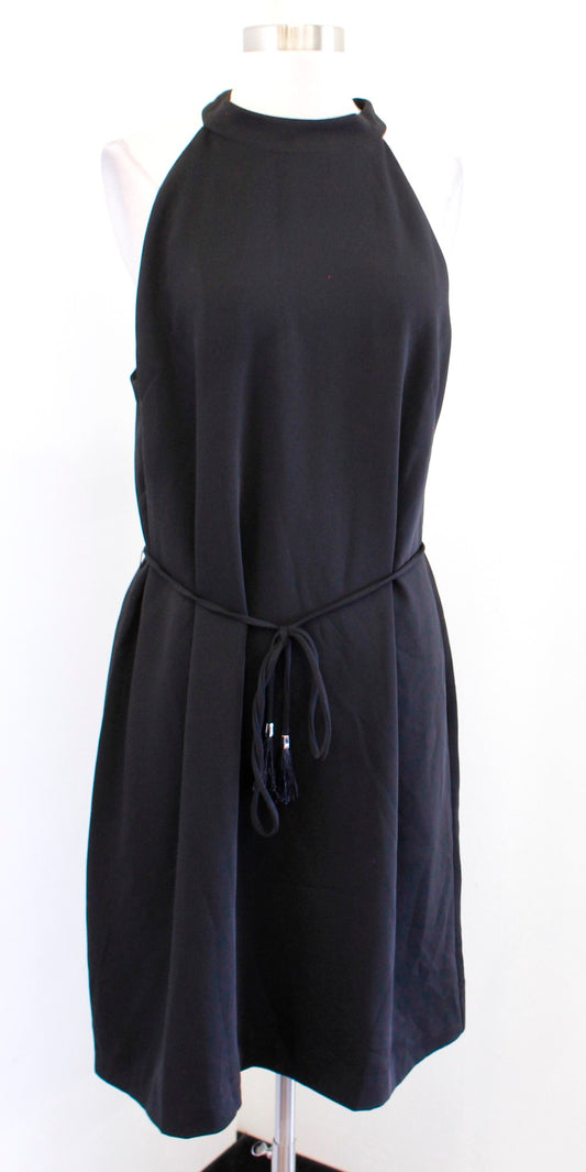 White House Black Market Solid Black Halter Mock Neck Shift Dress Tie Waist 14