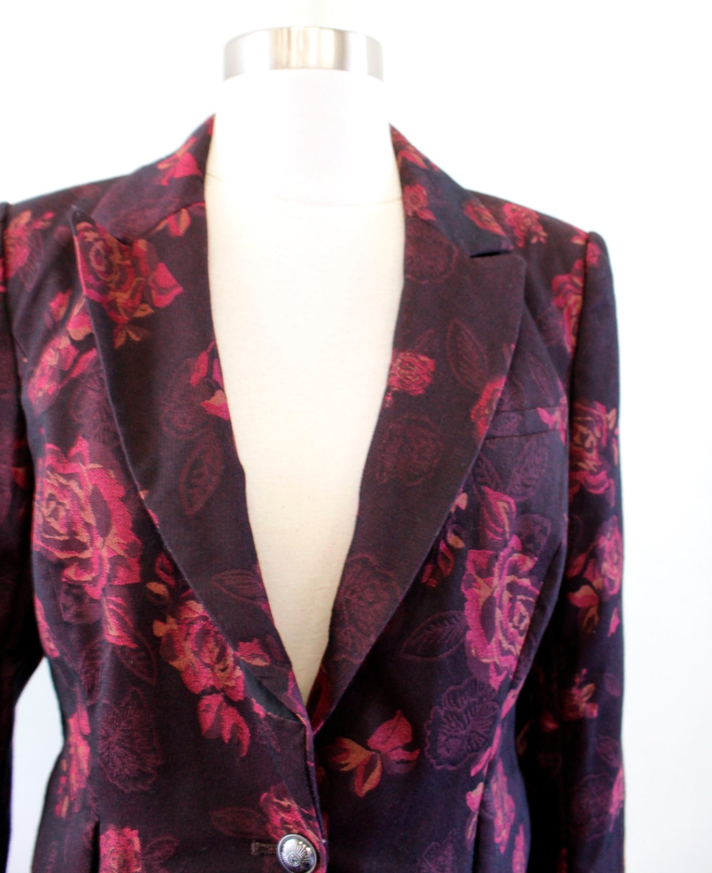 White House Black Market Rose Print Floral Jacquard Blazer Jacket Size 4 Maroon