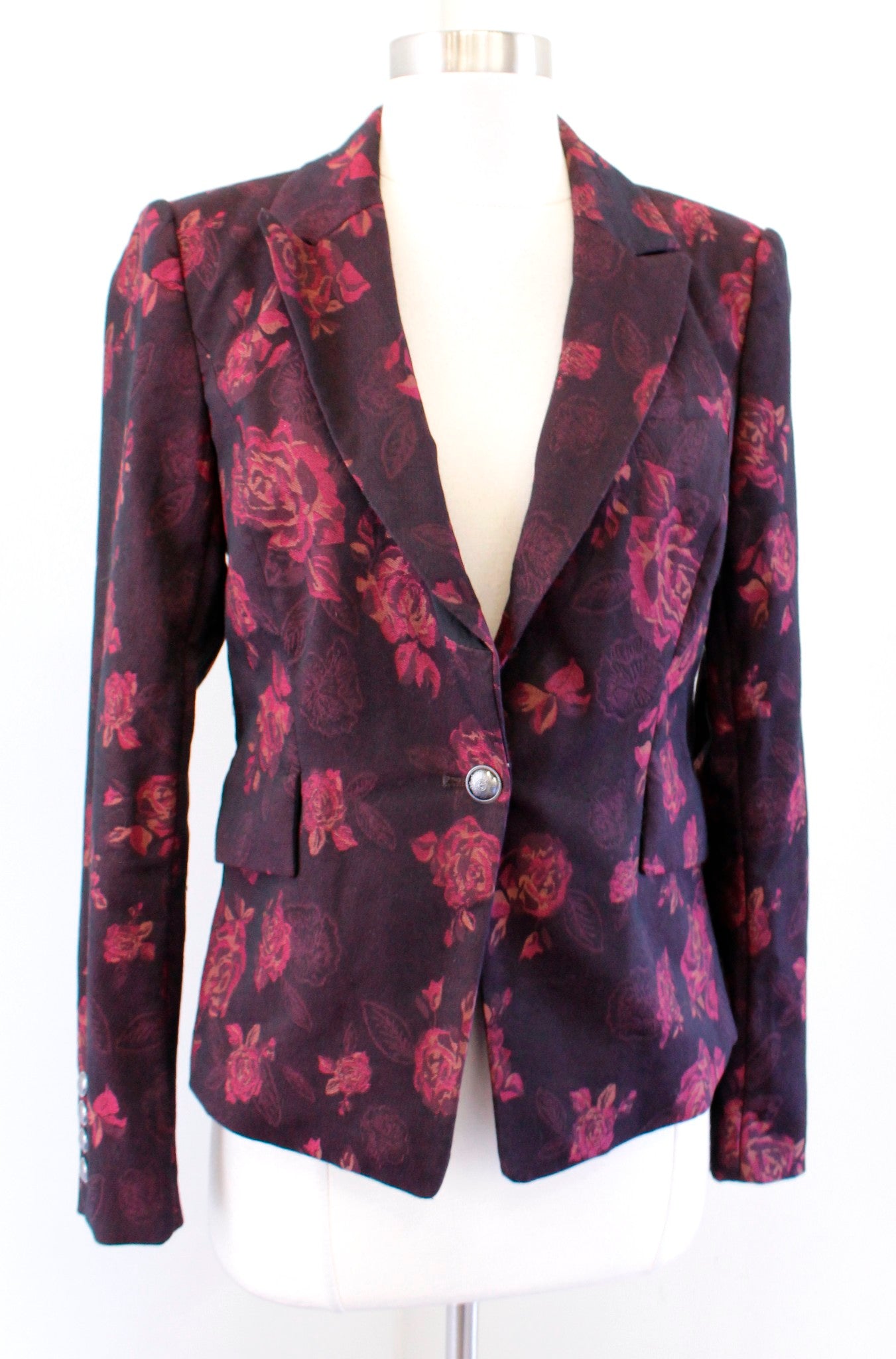 White House Black Market Rose Print Floral Jacquard Blazer Jacket Size 4 Maroon