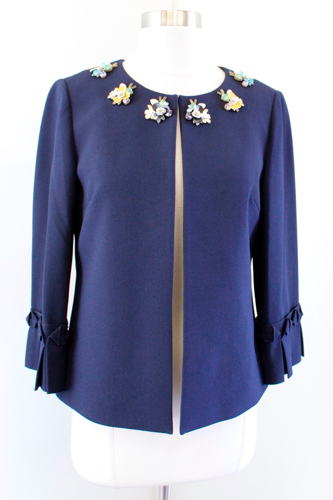 Tahari ASL Levine Navy Blue Beaded Jeweled Blazer Jacket Size 2P Collarless