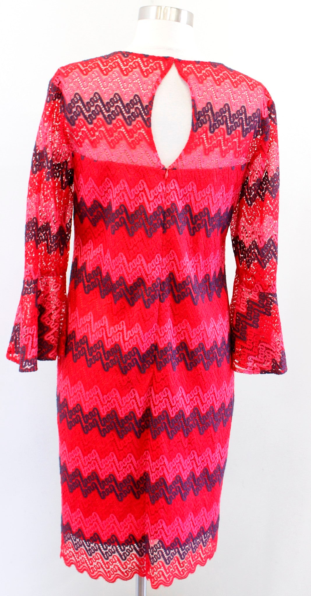 Trina Turk Lovely Chevron Striped Lace Bell Sleeve Shift Dress Size 6 Red